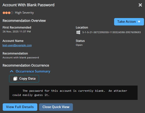Recommendation quick view summary