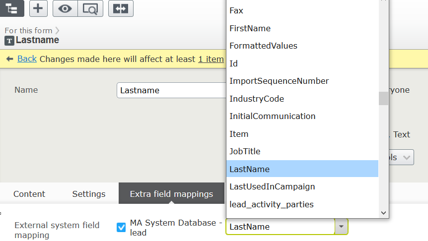 Screenshot of the Extra field mappings tab where mapping a form field to the Microsoft Dynamics CRM LastName database field
