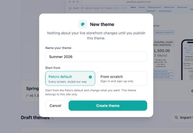 New theme dialog with Pelcro default and From scratch options