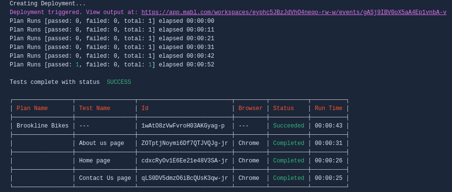 mabl test results inside the Bitbucket pipeline logs.