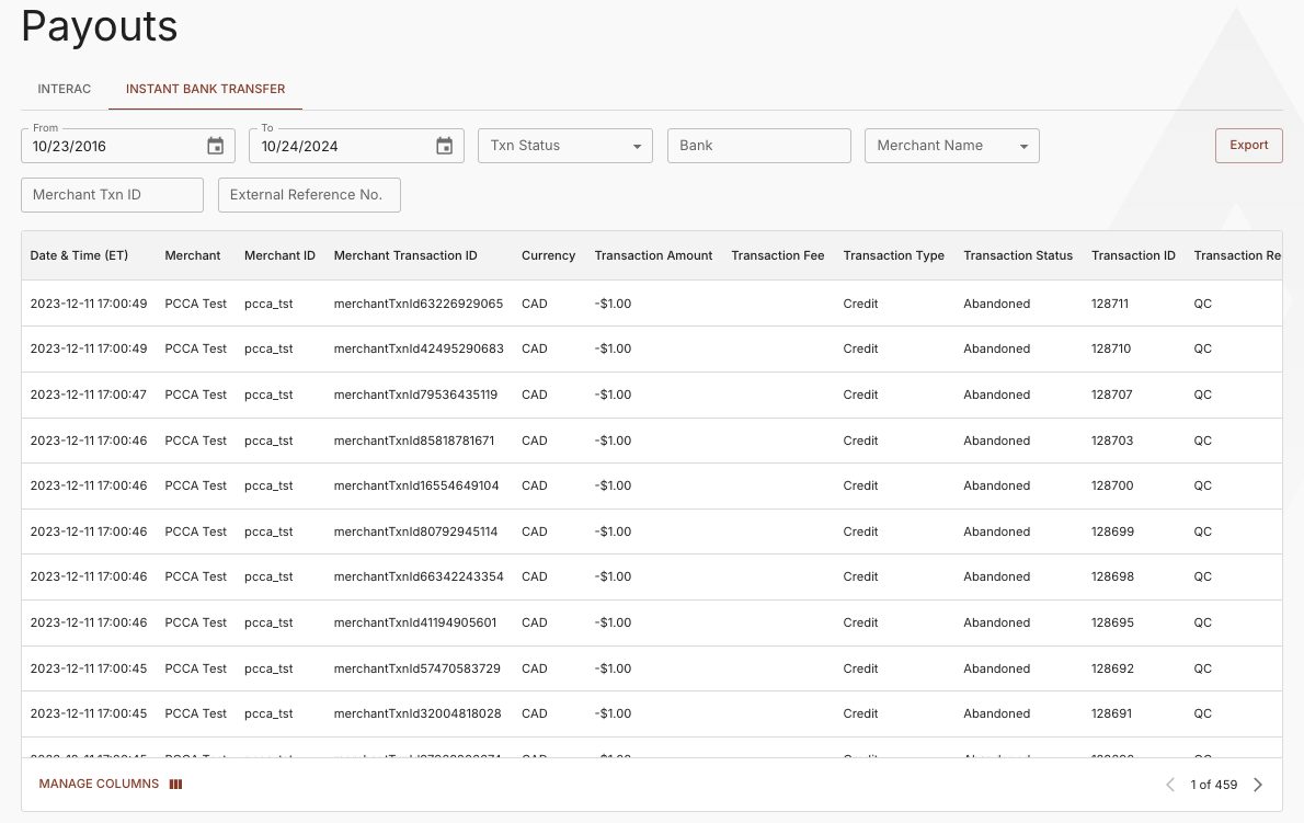 Instant Bank Transfer Payouts Report