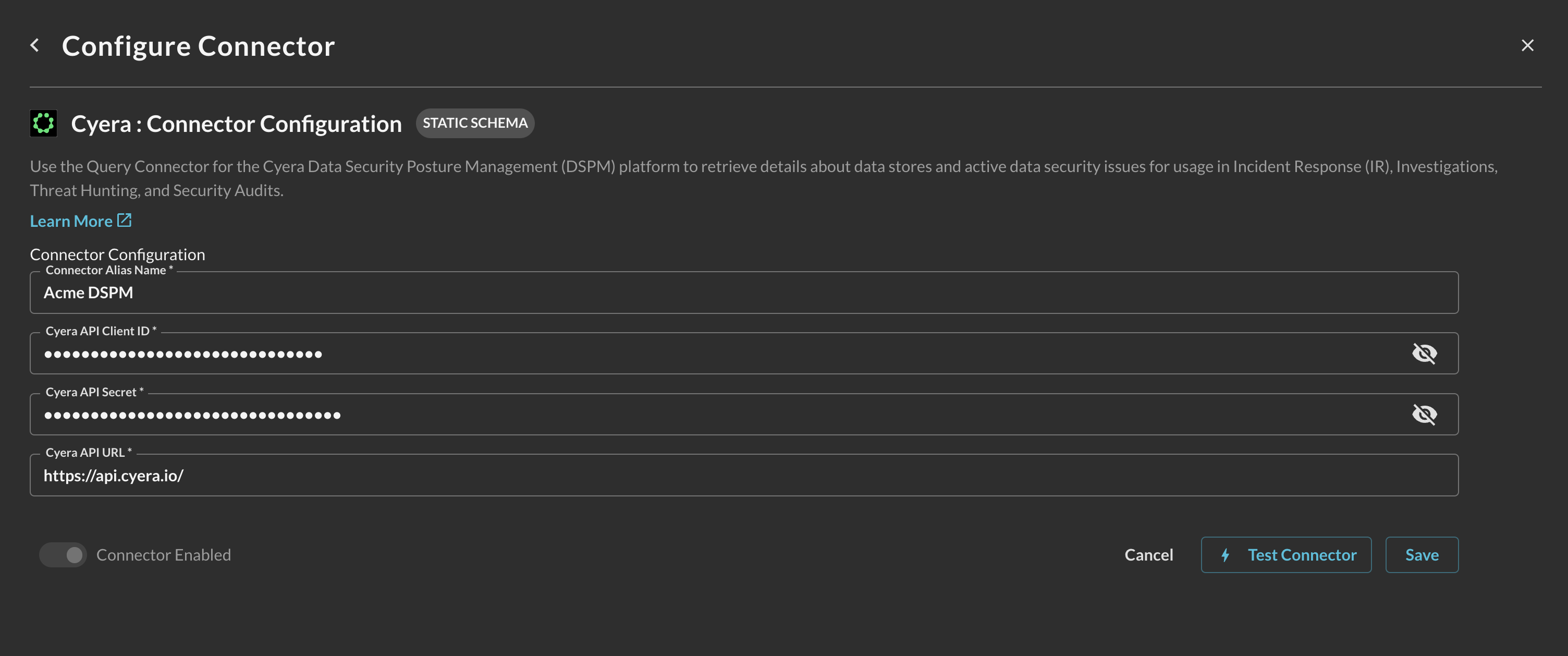 FIG. 2 - Configuring the parameters for the Cyera Connector