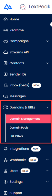 Screenshot of the Domains & URLs menu tabs