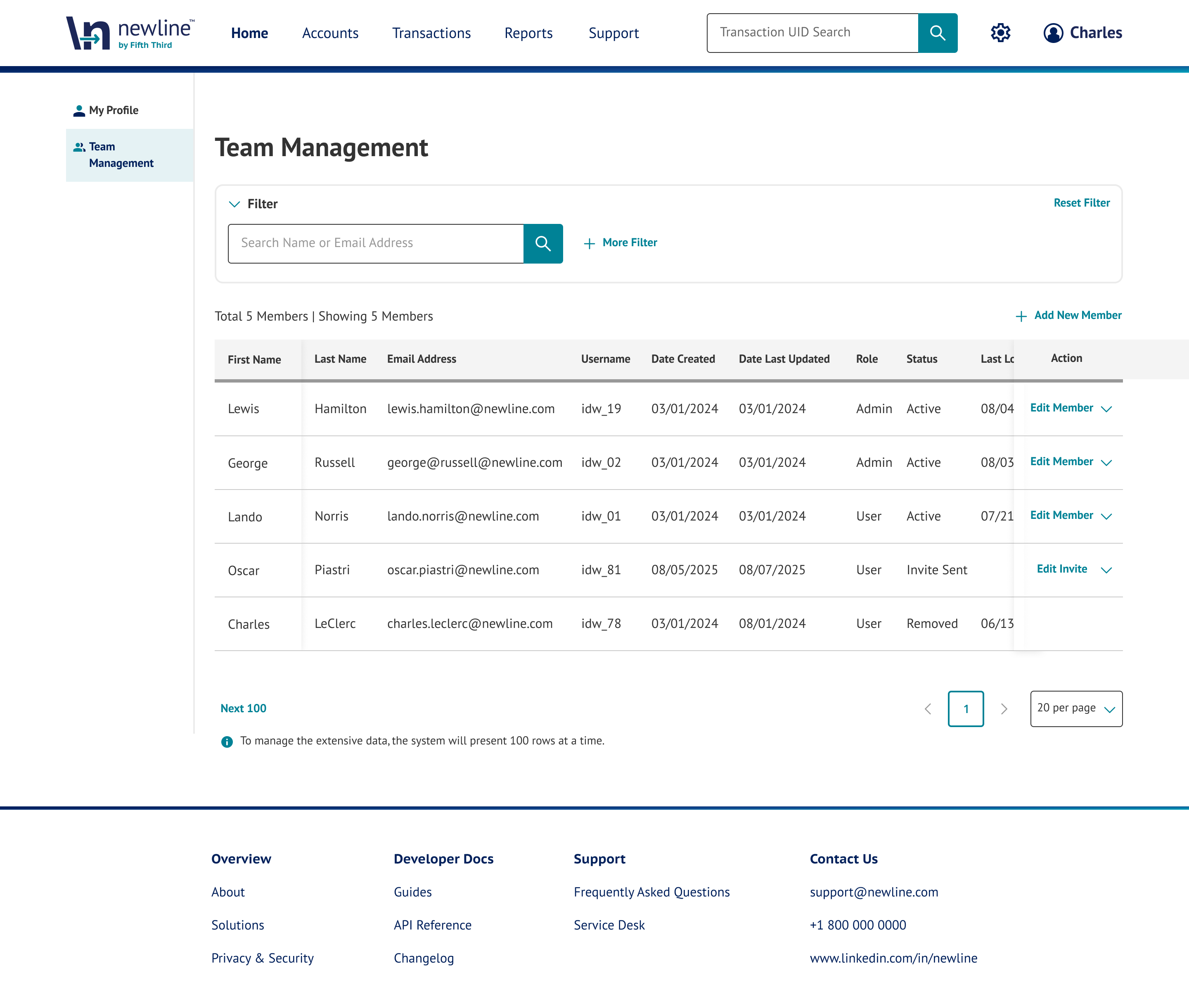 Team Management page showing profile and role details