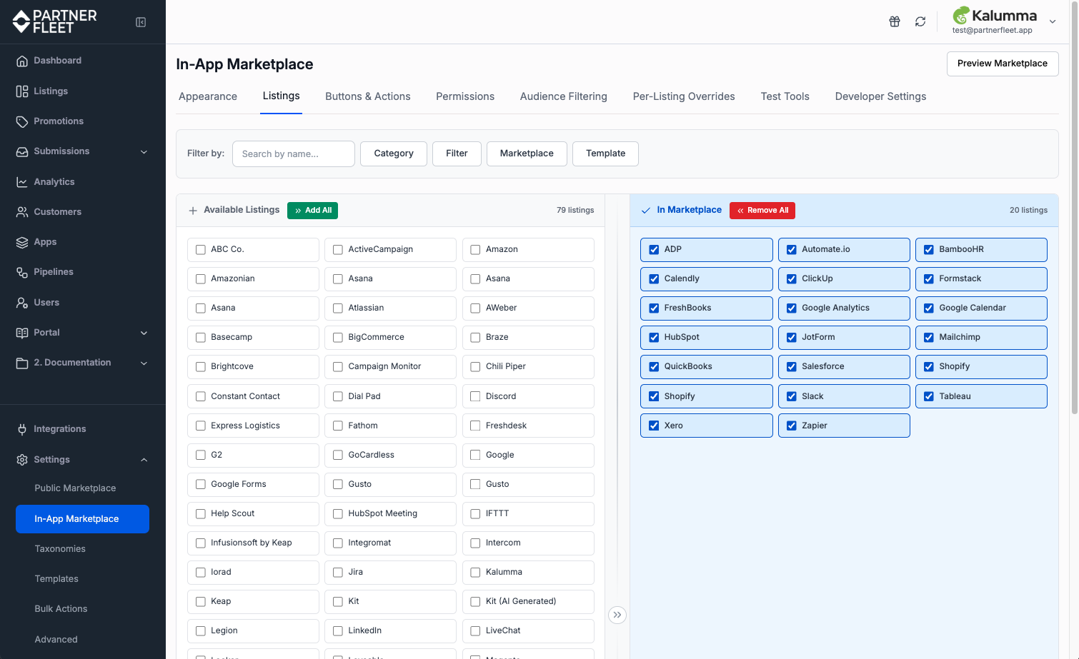 In-App Marketplace Listings tab showing available listings and listings currently included in the marketplace