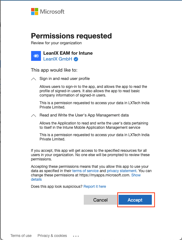 You will be prompted to accept the permissions in a new popup window. “**Accept**” the permissions.