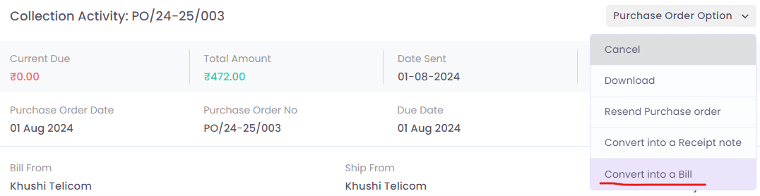 Convert Purchase Order to Bill