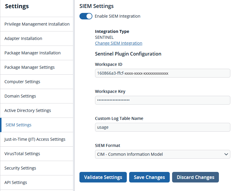 SIEM configuration settings for Microsoft Sentinel