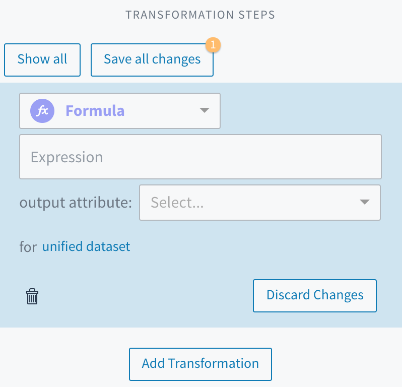The options for a formula in the transformation editor.