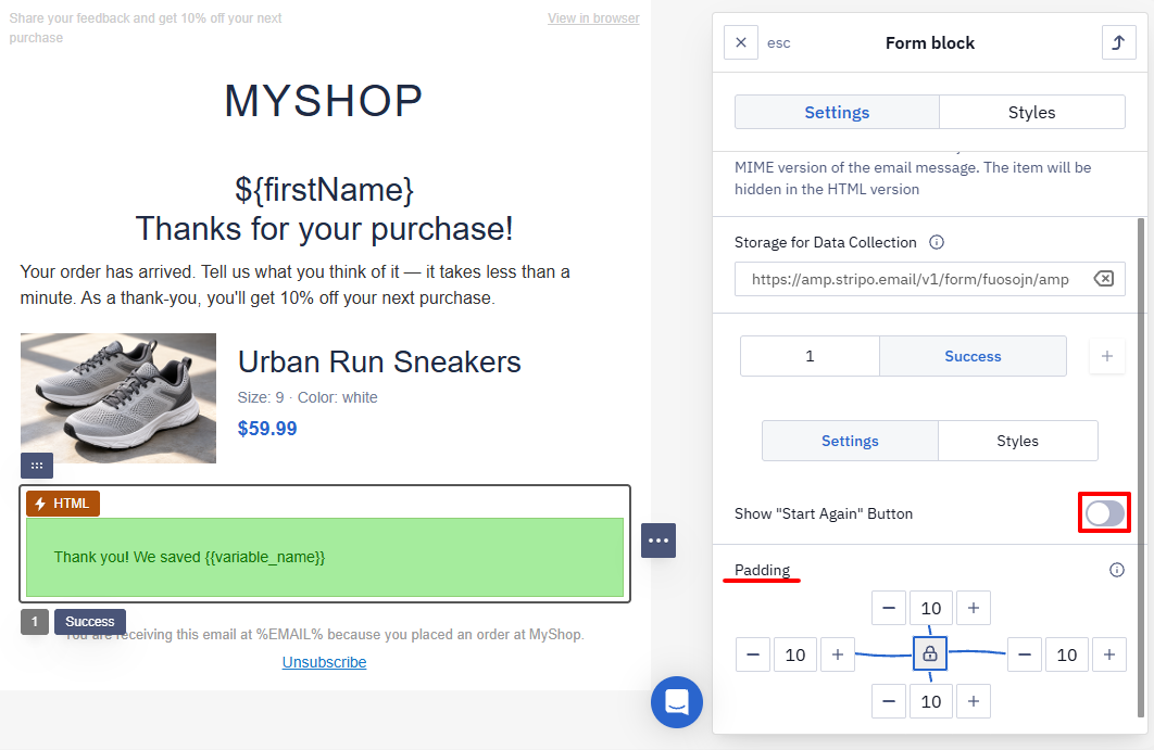 Show Start Again Button toggle and Padding settings of the success message