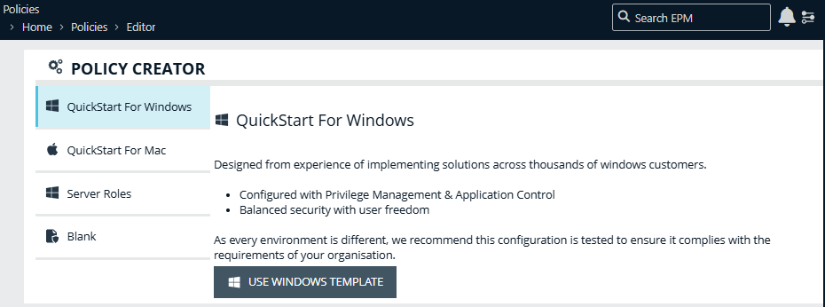 Quickstart selector for policy
