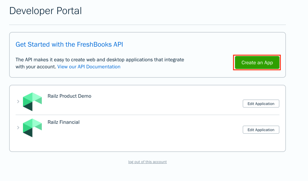 FreshBooks Developer Portal - Create an App. Click to Expand.