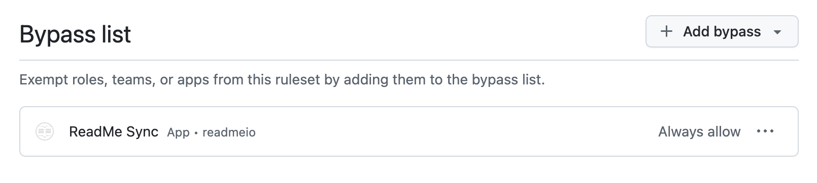 Adding ReadMe Sync to the GitHub Rulesets bypass list for direct push access.