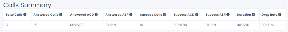 Screenshot of the Calls Summary section