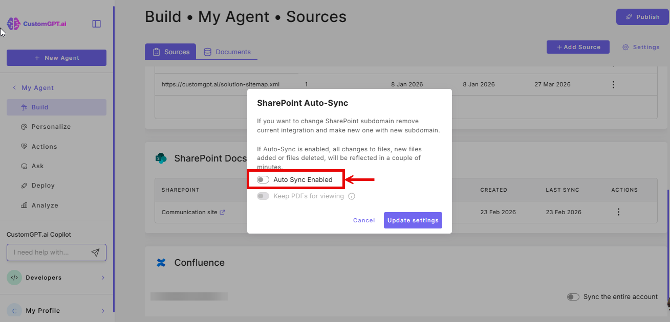Auto-sync enabled toggle on the sharepoint auto-sync modal