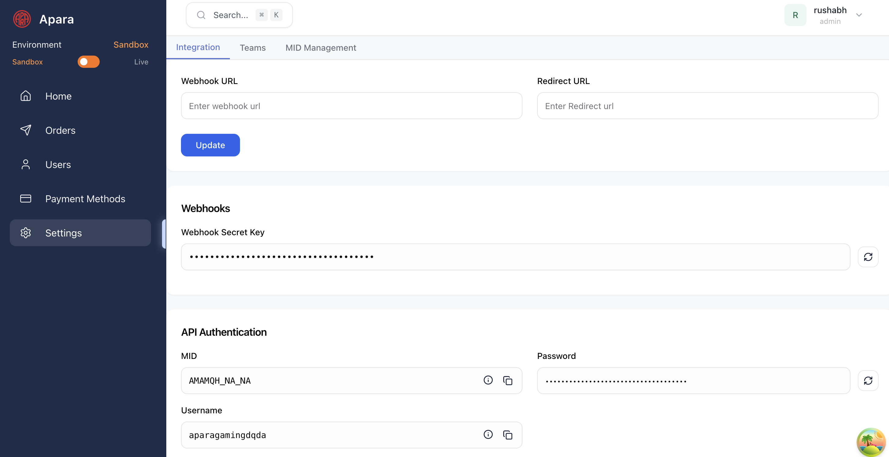 APARA Portal settings page showing MID, username, and password fields