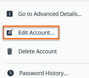 Menu with account options; "Edit Account" is highlighted among actions like Delete and Password History.