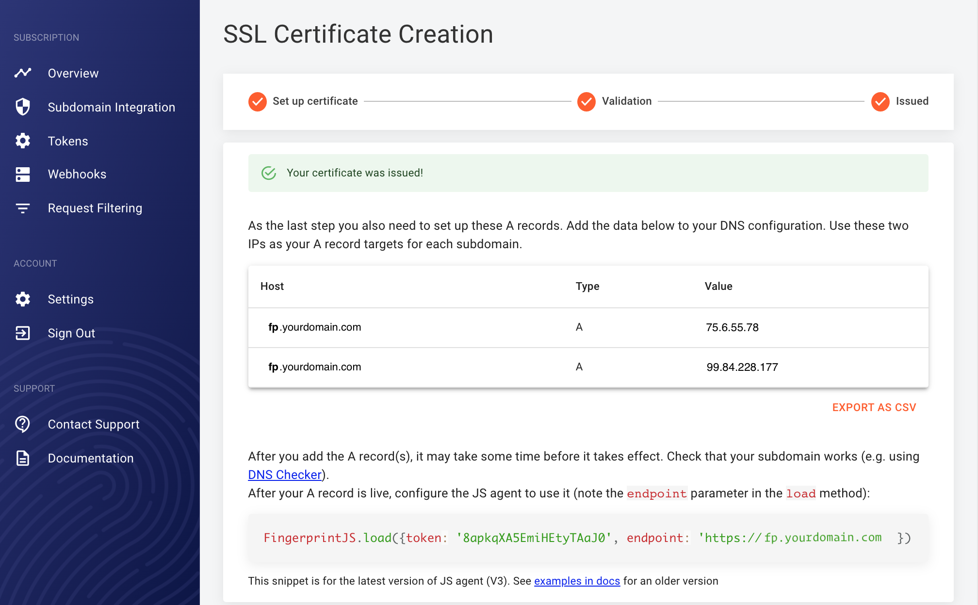 SI4.png Screenshot of a completed SSL certificate process in the dashboard