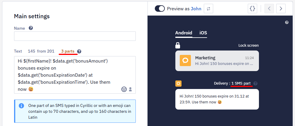 SMS preview with test data: 1 part