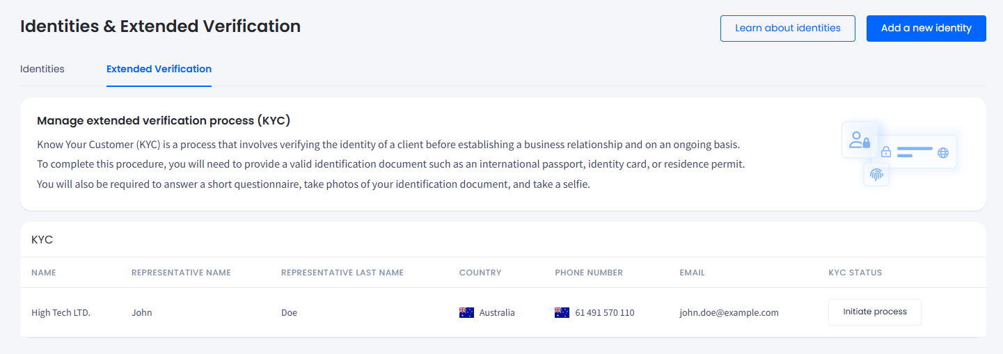 Screenshot of the Extended Verification (KYC) tab