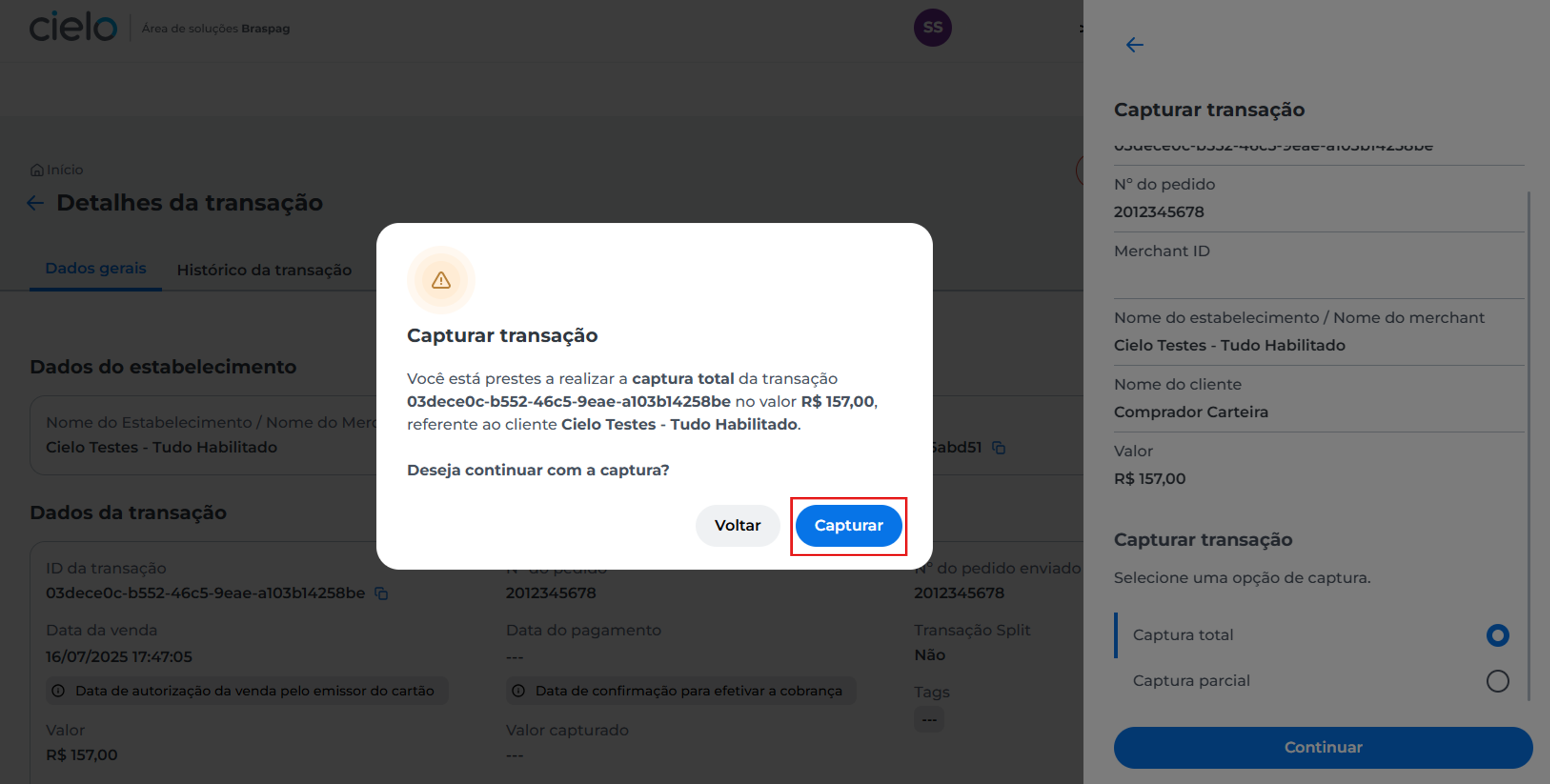 Tela de confirmação exibida, solicitando ao usuário que valide se deseja prosseguir com a captura da transação. Botões ou opções de confirmação estão visíveis na interface.