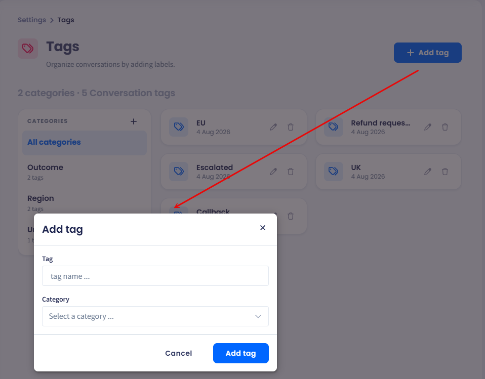 Screenshot of the Add tag dialog showing the tag name field and the category selector