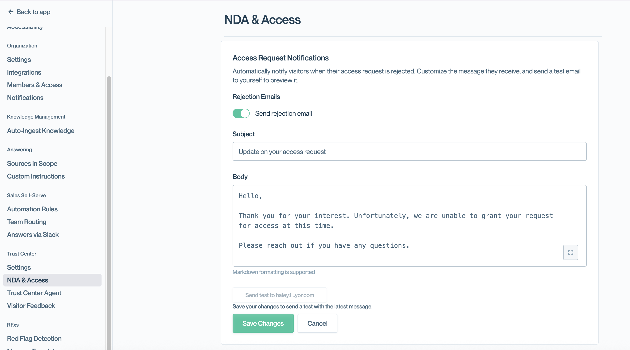 Access Request Notifications section with the Send rejection email toggle enabled, showing a Subject field reading 'Update on your access request' and a Body field containing the default rejection message.