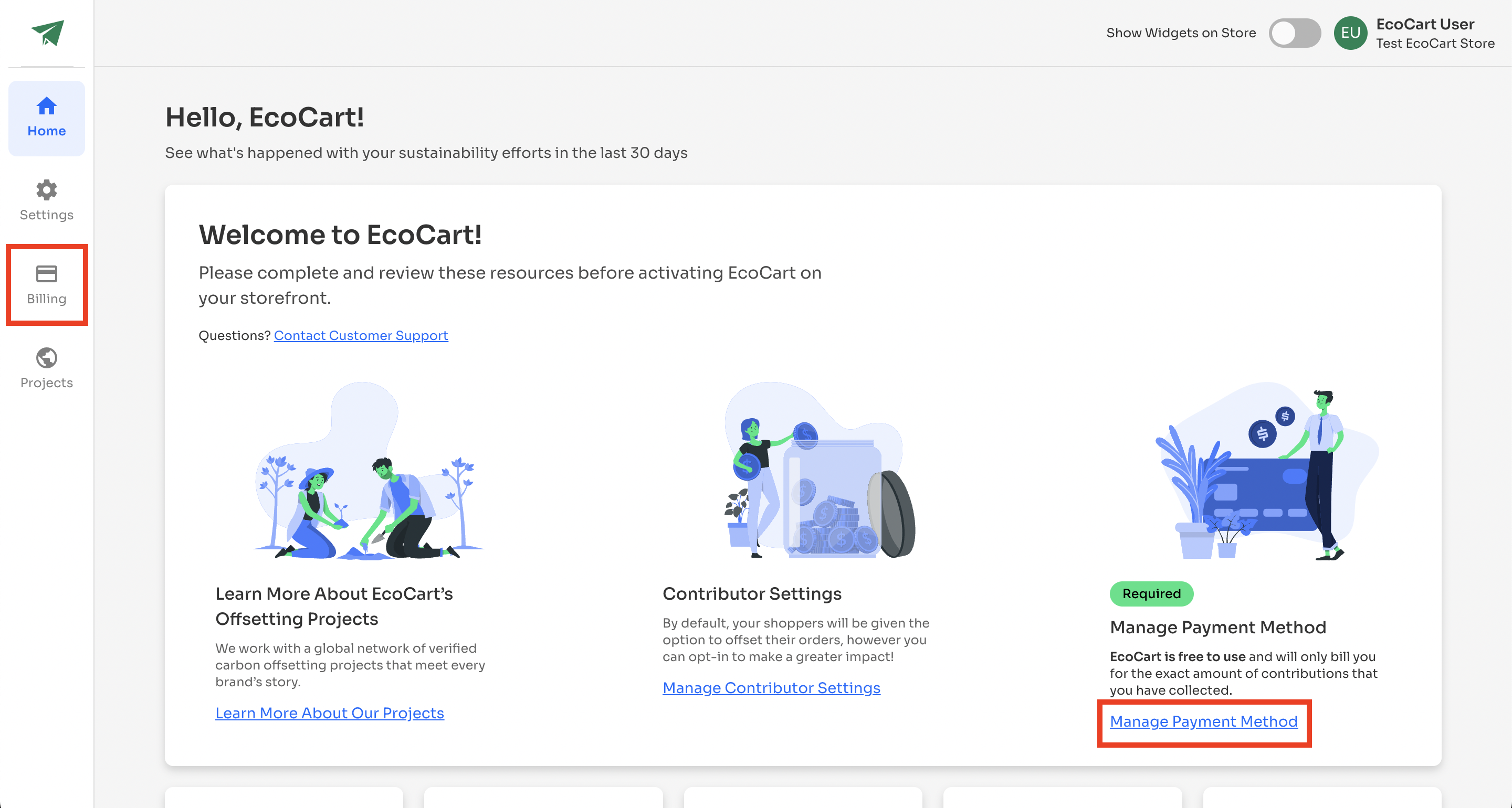 EcoCart Merchant Dashboard Home