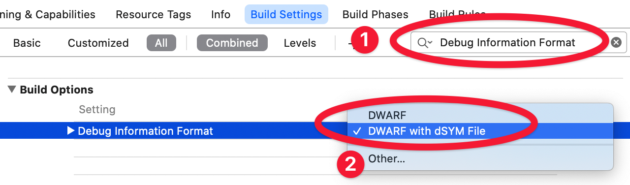 Set Debug Information Format to DWARF with dSYM File