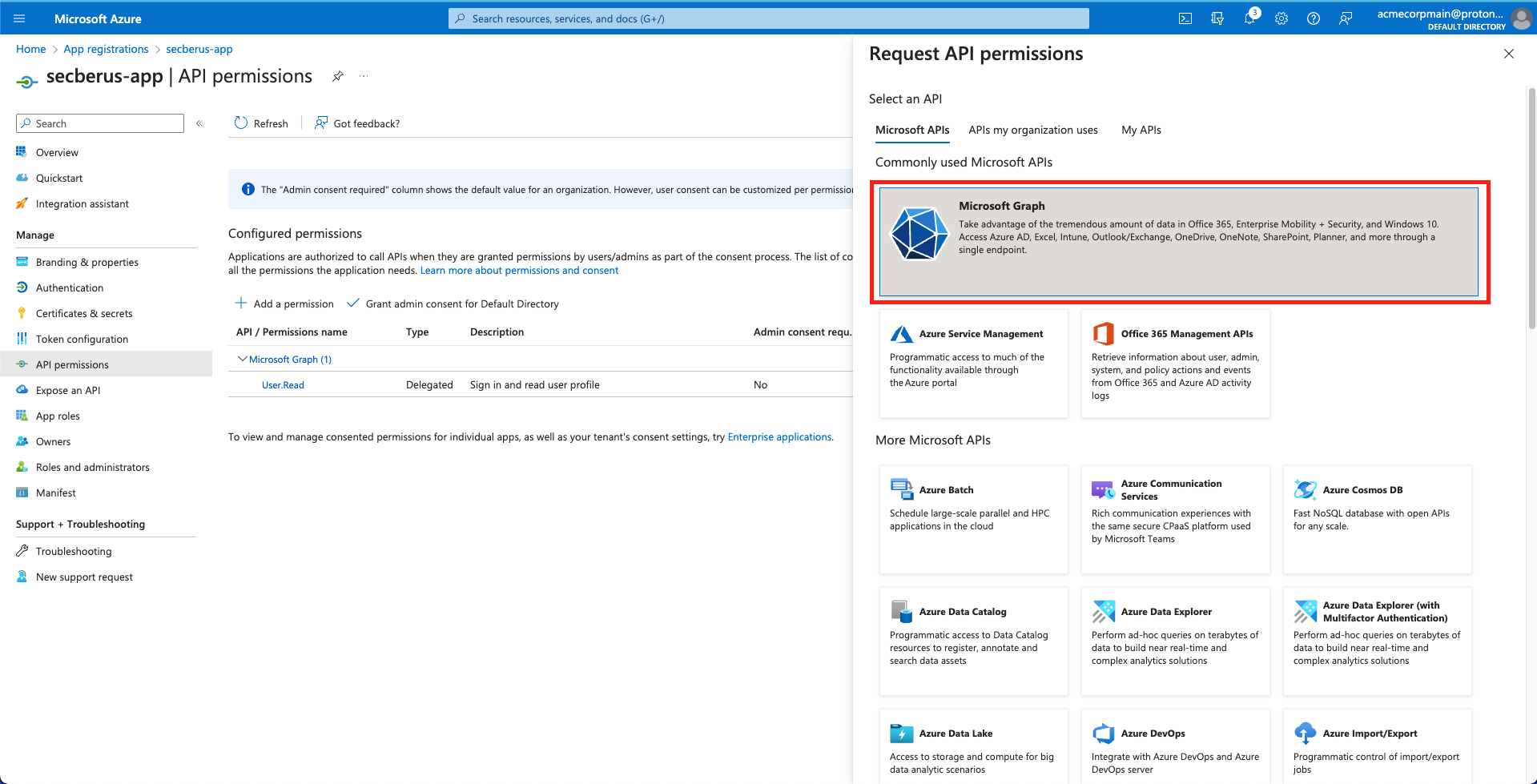Select 'Microsoft Graph' under 'Request API permissions'