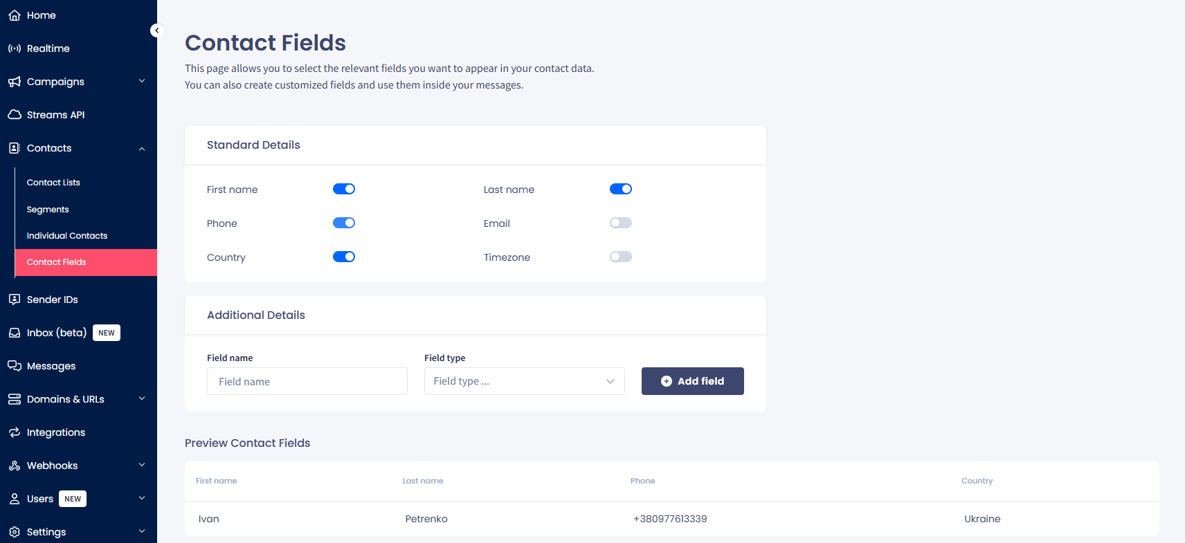 Screenshot of the Contact Fields menu tab