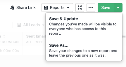 A dropdown showing options for saving a report