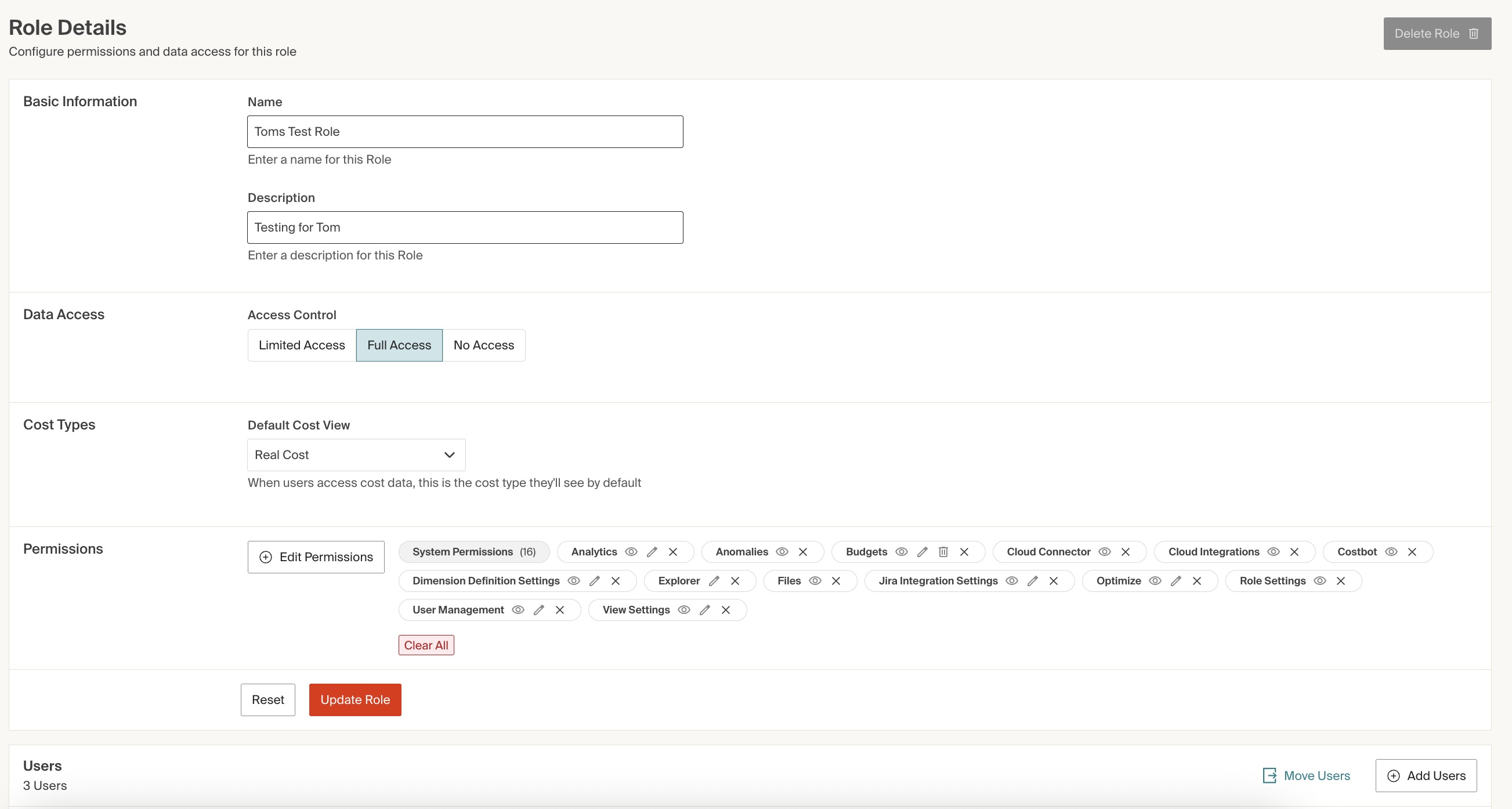 Role details for full access role
