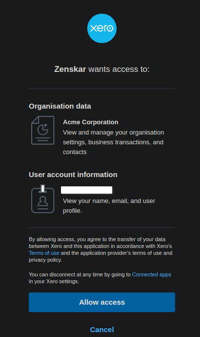 Fig. 2: Allow Zenskar access to your Xero account.