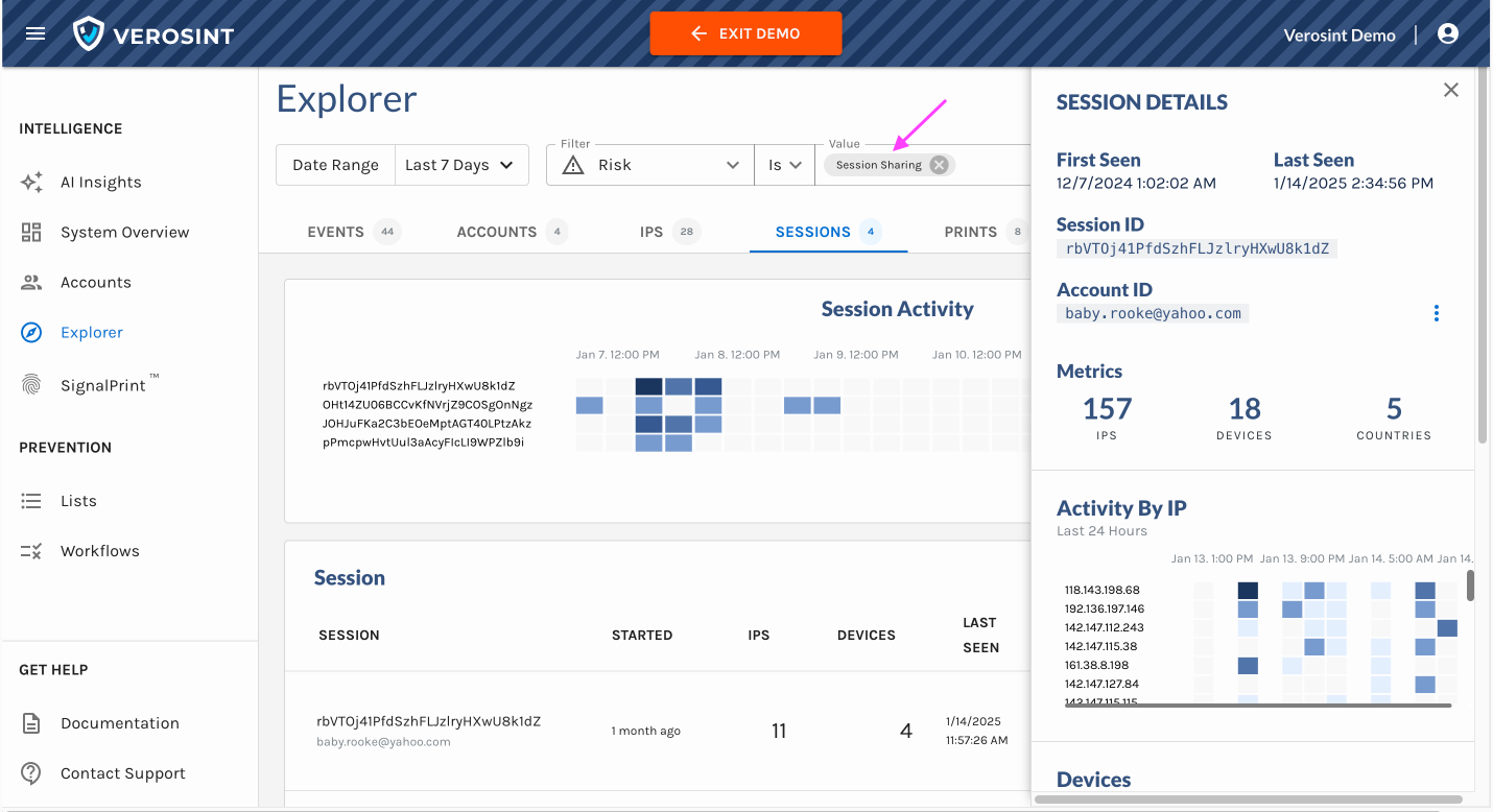 We've added Session Sharing to the list of Verosint Risks you can search by in Event Explorer