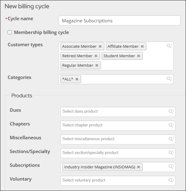 Selecting products in the new billing cycle window