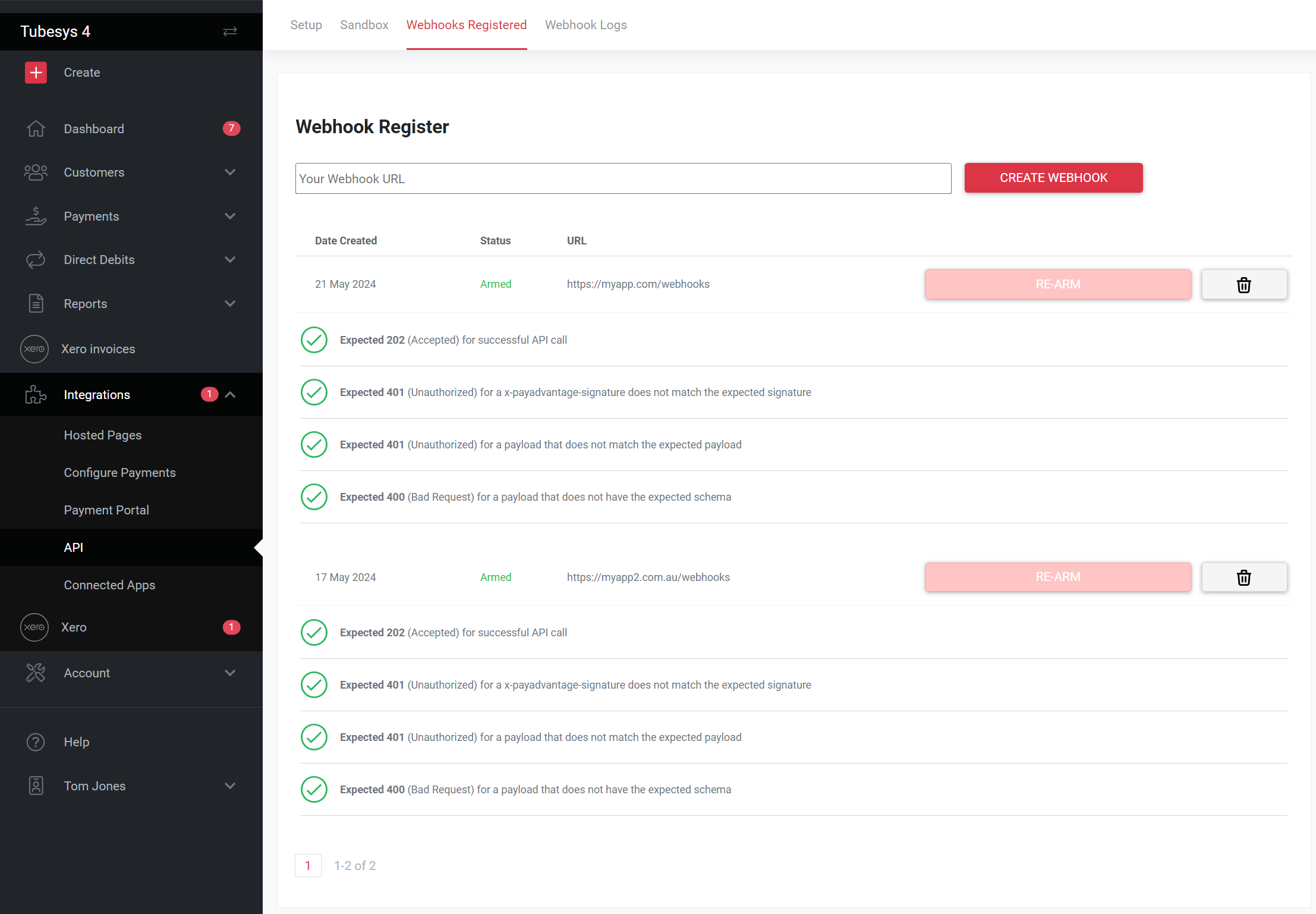 Webhook registration screen