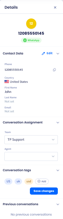 Screenshot of the Previous conversations section showing the No previous conversations empty state
