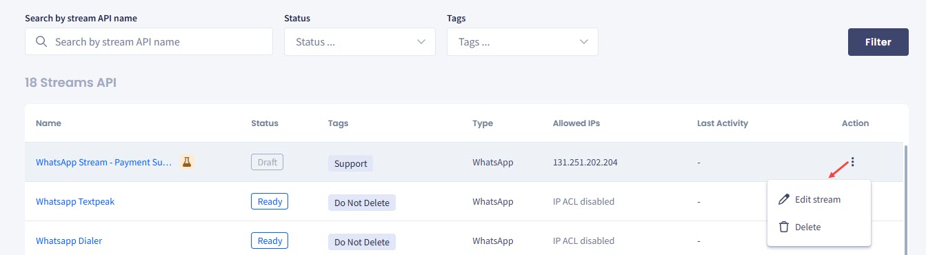 Screenshot of the Streams API tab: Action options for drafted streams