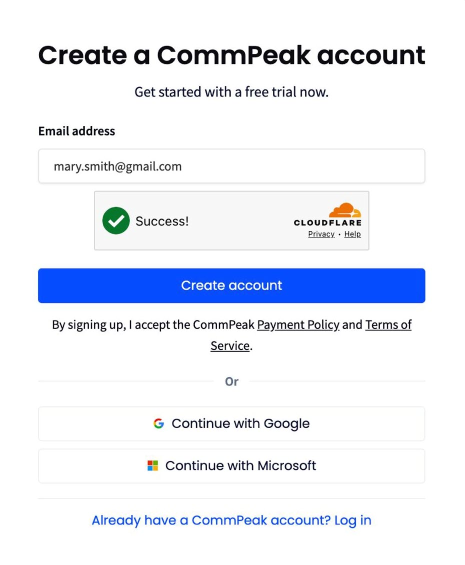 Screenshot with the Create a CommPeak account form