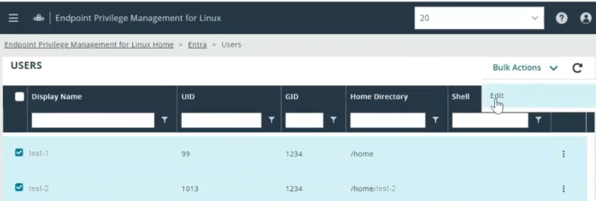 Bulk Actions Edit menu