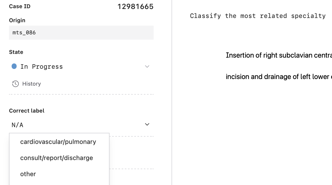 Setting gold standards one-by-one. Evaluate your progress from filters in the Cases tab.