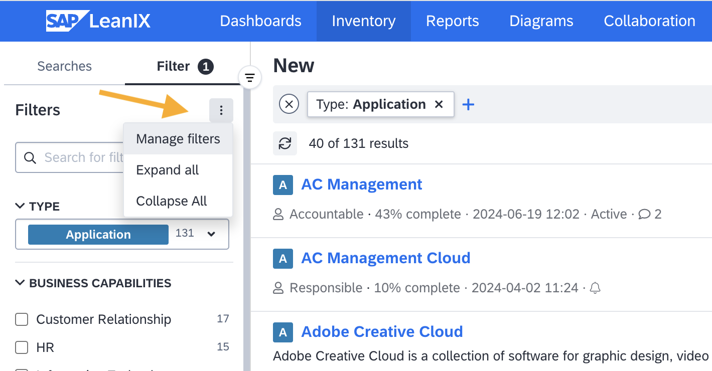 Displaying or Hiding Filters Through the Manage Filters Option