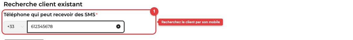 Champ de recherche du client par numéro de téléphone sur la page Commander