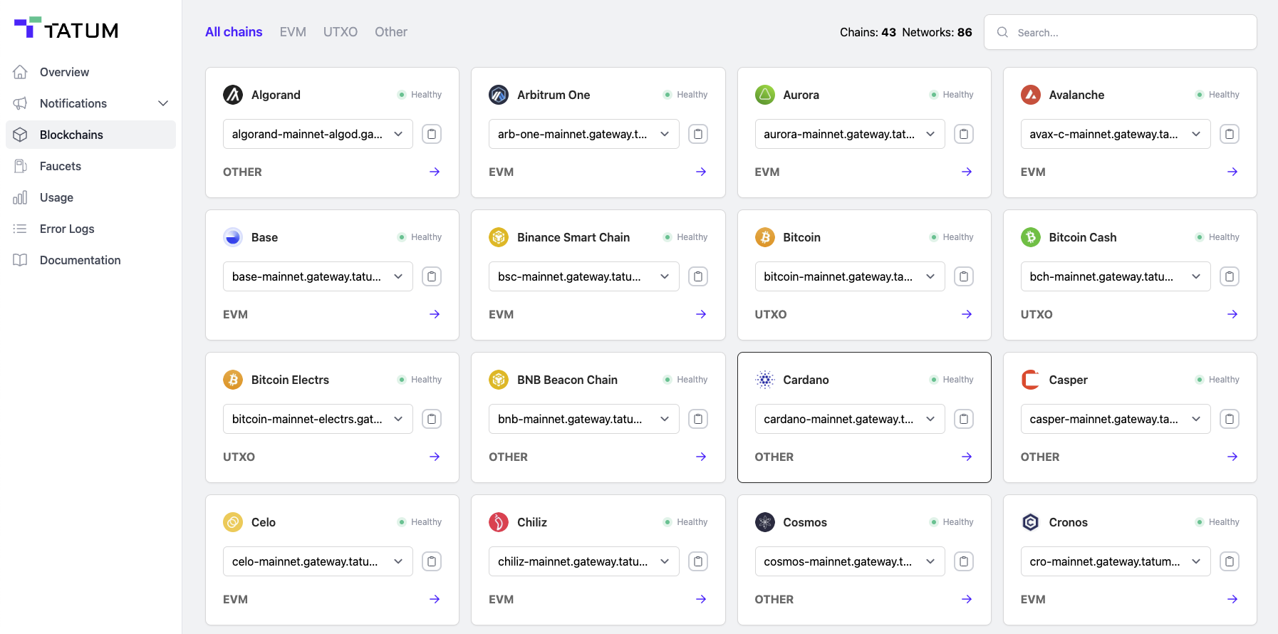 Tatum Dashboard - Blockchain Overview