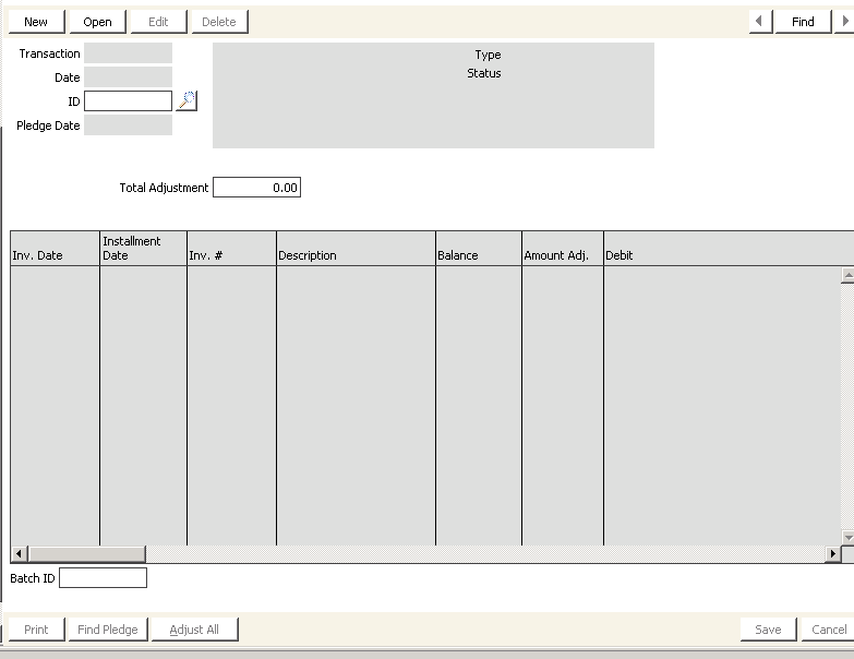 Desktop: Fundraising > Enter and edit adjustments > Pledge debit memos