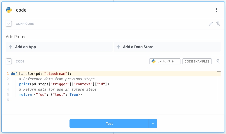 The Python Code Block should look similar to this, we'll come back to it in a bit.

