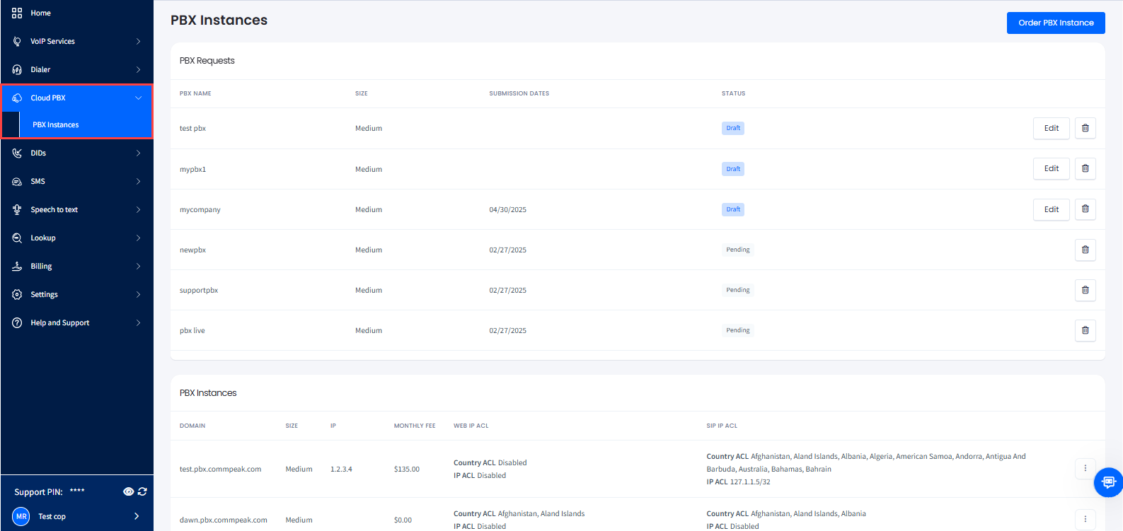 Screenshot of the Cloud PBX tab menu