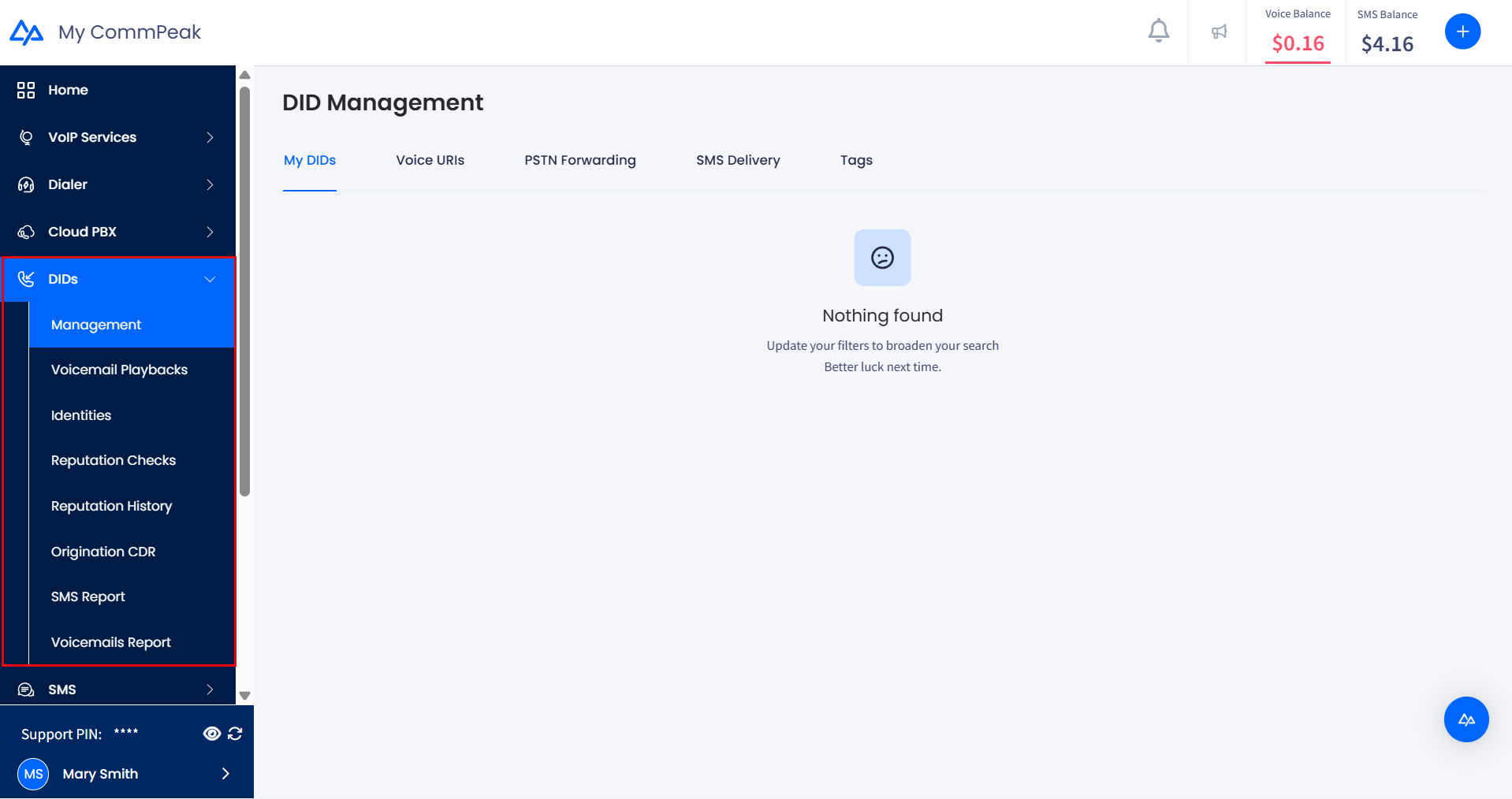 Screenshot of the DIDs tab menu
