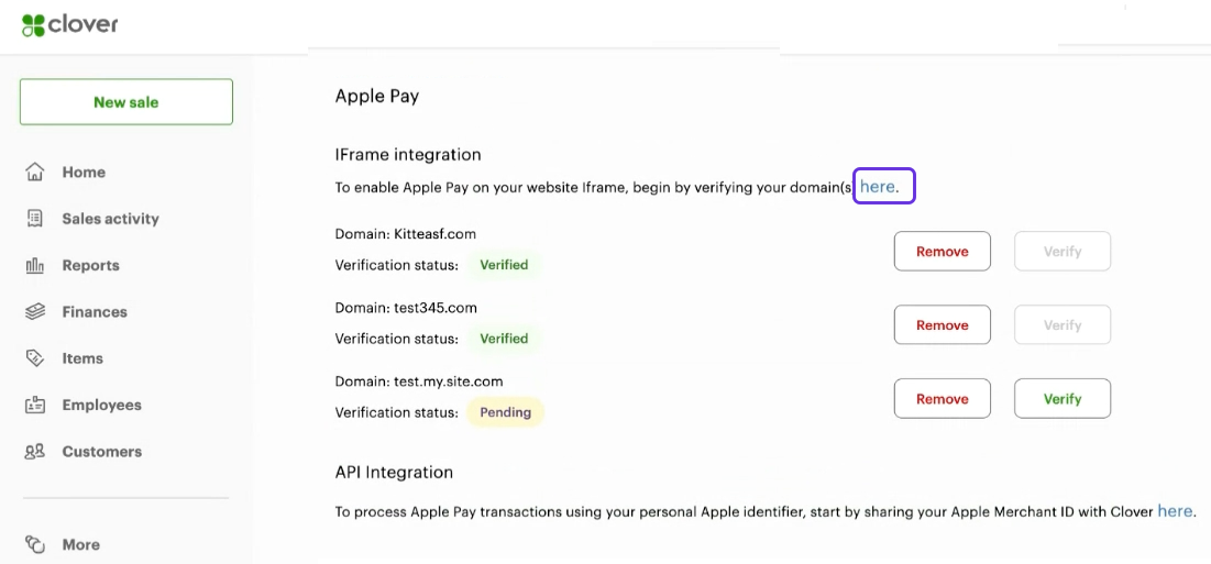 Clover Merchant Dashboard: Ecommerce Payments page > Apple Pay section > IFrame integration